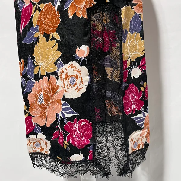 New Band of the Free Floral Print Lace Slit Slip Midi Skirt Black Multi Size XS - Image 19
