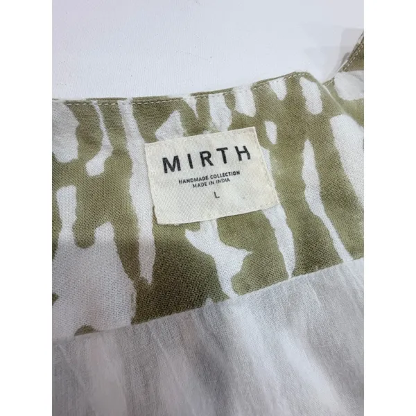 MIRTH‎ Olive Block Print Cotton Midi Dress Kantha Stitch Integrated Belt L - Image 2