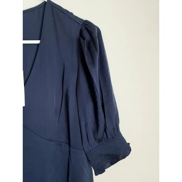 NWT Quince Silk Dress Women Size S Navy Blue V-Neck Puff Sleeve Washable Silk - Image 5
