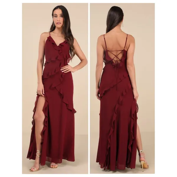Lulus Fancy Sweetness Wine Red Ruffled Lace-Up Sleeveless Maxi Dress Size XL NWT - Image 2