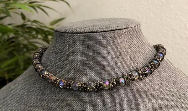Y2K RARE Silver tone iridescent beaded glass resin gemstone choker necklace #fairy #grunge #subversive #whimsygoth #gothic festival jewel - Image 5