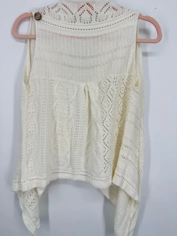 Skies Are Blue Women Ivory XS Crochet Open Cardigan Vest Sleeveless Boho Hippie - Image 4