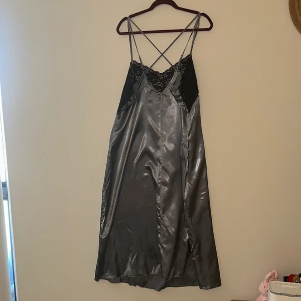 Woman Within Black Lace and Gray Satin Chemise - Image 7