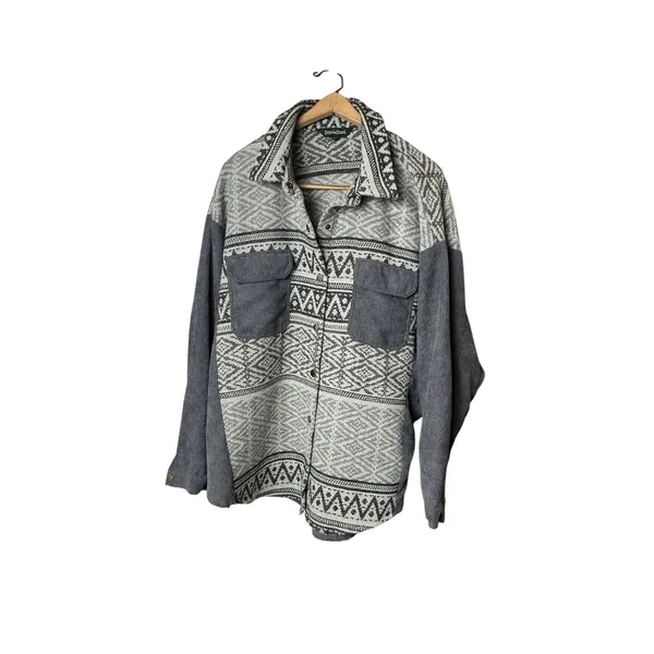 Davi‎ & Dani Womens 1XL Grey Aztec Corduroy Mixed Media Oversized Shacket Jacket - Image 3