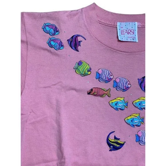 LEARSI Vintage Women's Size Small Single-Stitch Coral Tee w/Embroidered‎ Fish - Image 5
