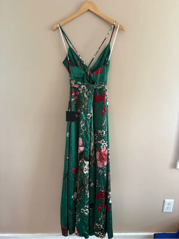 Lulus Still the One Emerald Green Floral Print Satin Maxi Dress Size Large NWT - Image 5
