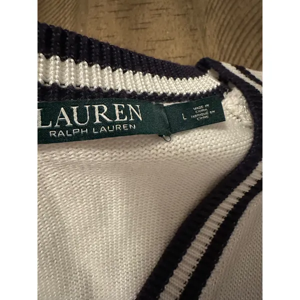 Lauren Ralph Lauren Short Sleeve V-Neck Tennis Sweater Lace-Up Sides White Navy - Image 3