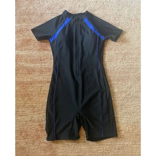 Black Blue Zip Front Short Sleeve Swimsuit Romper One Piece Size S - Image 2
