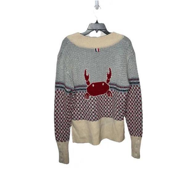Yans Larat Red Crab Cream Blue V neck High Low Chunky Sweater Size Small Womens - Image 4