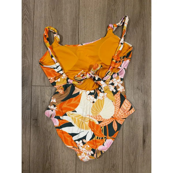 Aerie Real Good One Piece Swimsuit Orange Tropical Floral Tie Back Small S - Image 3