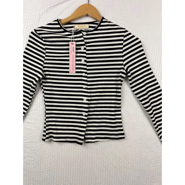 Qinsen Womens Striped Ribbed Knit Button Front Long Sleeve Cardigan Top Black S - Image 2