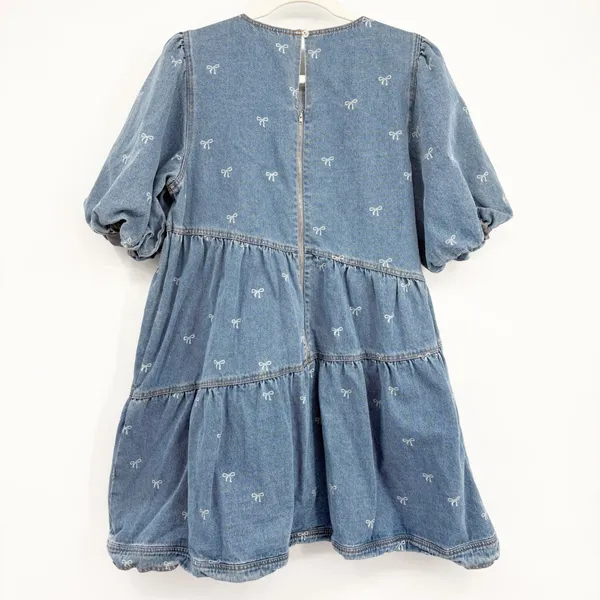 She + Sky Womens Bow Print Tiered Puff Sleeve Babydoll Denim Mini‎ Dress Size M - Image 10