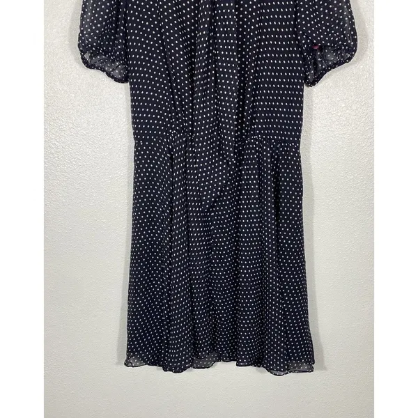 Betsey Johnson Navy Polka Dot Chiffon Puff Sleeve Tie Neck Knee Dress Size 10 - Image 5