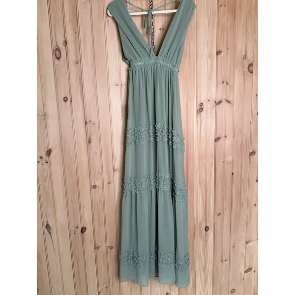 NWT Lulus Adoring Effect Sage Brush Chiffon Tiered Ruffled Maxi Dress Wedding XS - Image 6