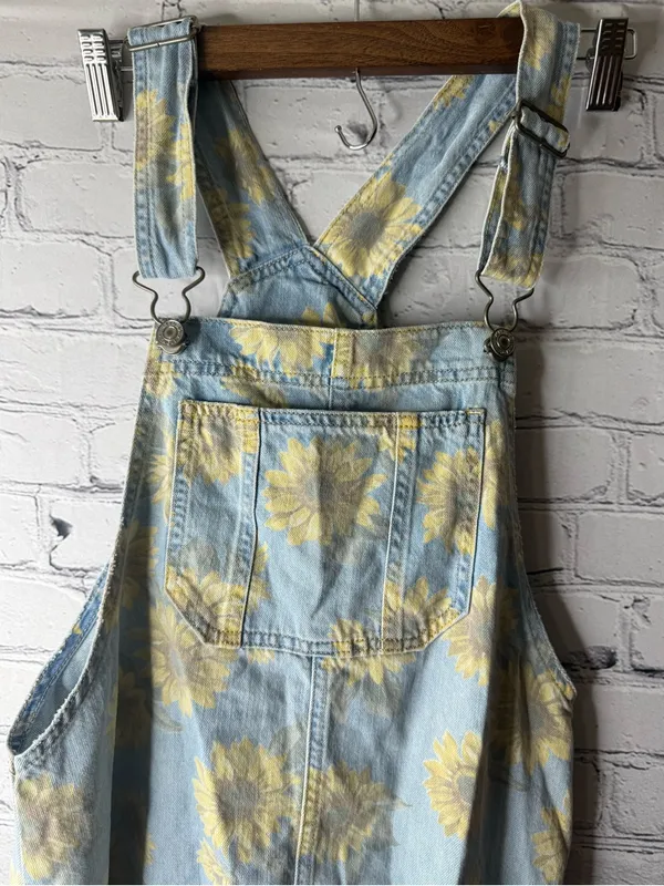 American eagle Sunflower Denim Overall Dress - Light Blue & Yellow small - Image 7