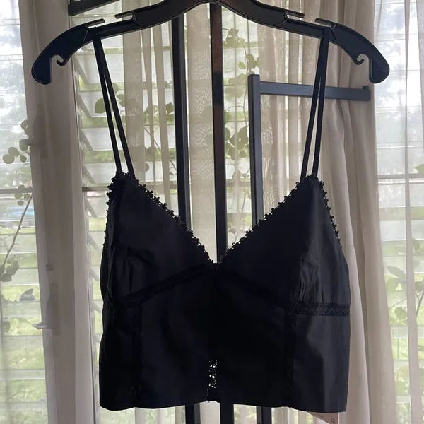 NWT Zara Lace Poplin Cami Tank Crop Top Shirt Black Size Large - Image 4