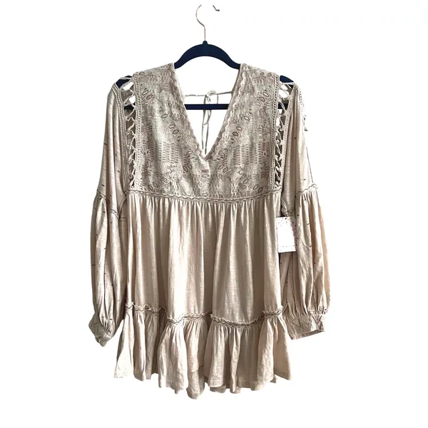 Free People Much Love Tunic Top Women S Salt Beige Boho Embroidered Crochet‎ New - Image 4
