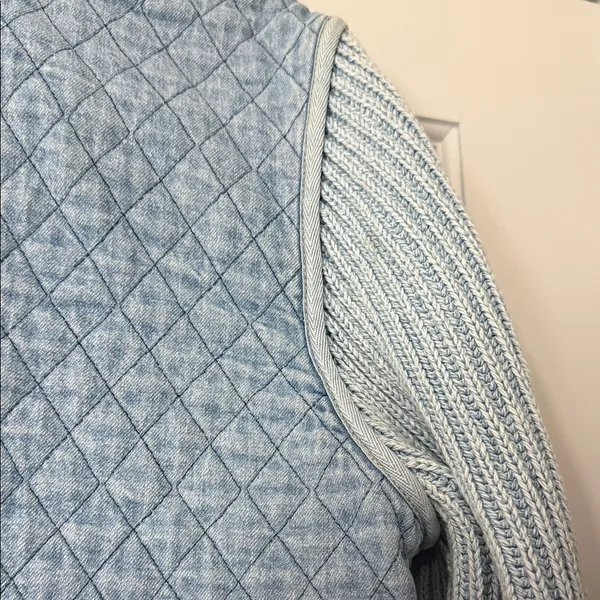 Blue Willi’s Denmark Quilted Denim Jacket Knit Sleeves Button 90s Vintage Large - Image 11