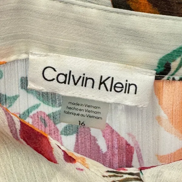 Calvin Klein Floral Midi Shirtdress Pink‎ Orange Watercolor Button Front Size 16 - Image 7
