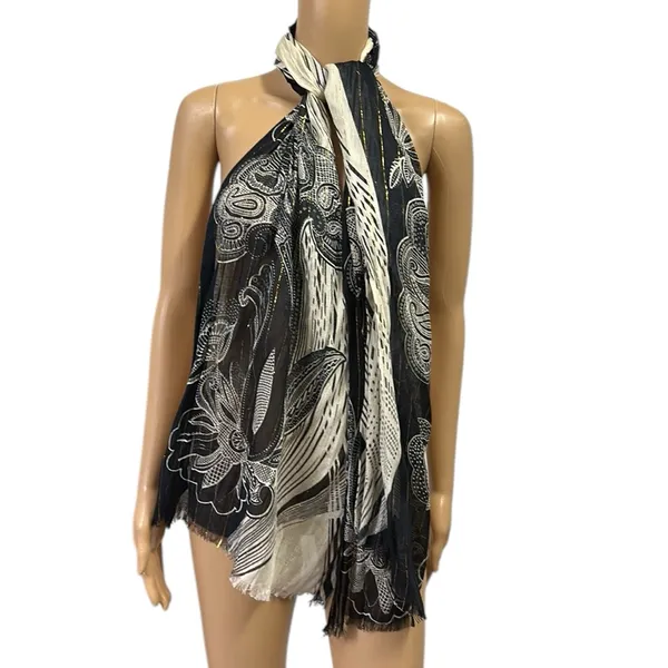Source Unknown Rayon Scarf Wrap Sarong Black Metallic Gold Cream 22 x 72 Inches - Image 2