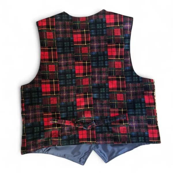 Vintage Granny Cottage core Tapestry Snowman Plaid Tartan Tie Back Christmas Vest Jacket Sleeveless All Over Pring #Grandmacore #festive #retro #preppy #Whimsy Measurement in pics - Image 2