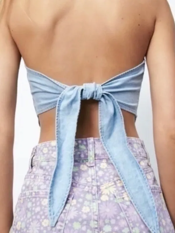 Zara Womens Bandana Denim Strapless Top Blouse Tie Back Medium - Image 5