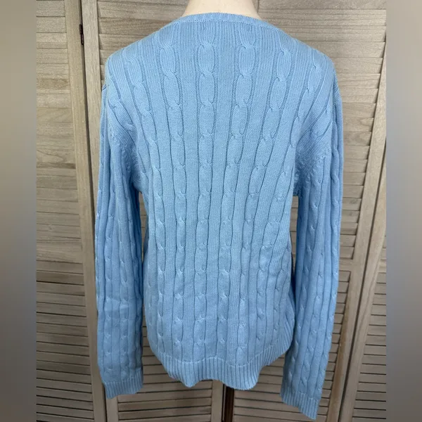 CHAPS Women's Light Blue V Neck 100% Cotton Cable Knit Sweater-Large - Image 2