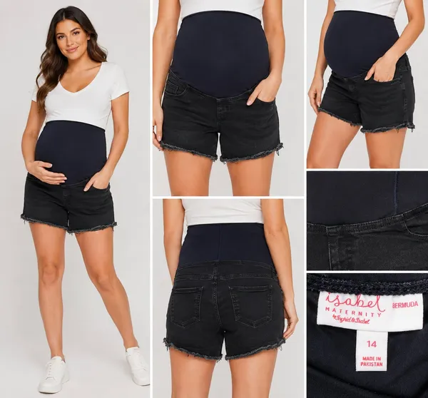 Isabel Maternity by Ingrid & Isabel Black Denim Bermuda Maternity Shorts Raw Hem - Image 2