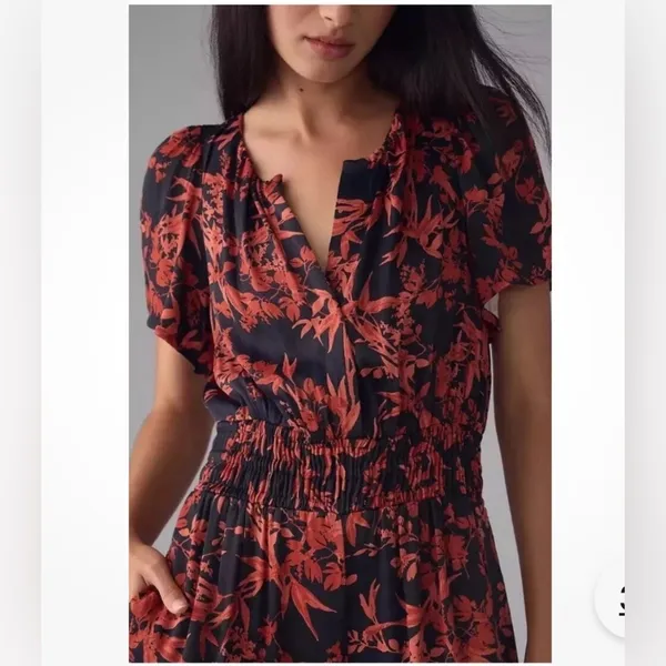 Anthropologie The Somerset Floral Jumpsuit Satin Red Small Wedding Festival Chic - Image 3