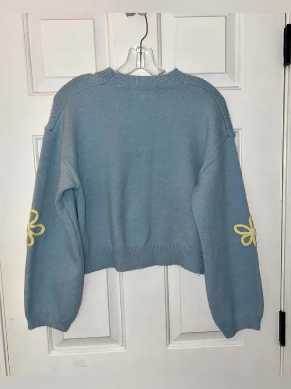 Listicle Pale Blue & Yellow Crewneck Crop Boxy Raised Floral Sweater - Image 4