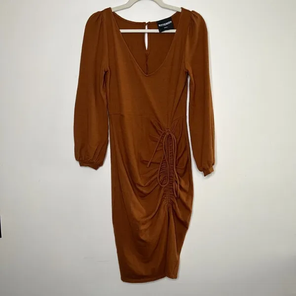 Kittenish Tie Scrunch Front‎ Midi Sweater Dress V Neck Long Sleeve Keyhole Back - Image 2