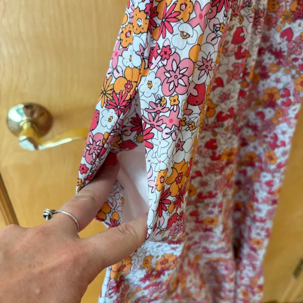 ModCloth Midi Dress Womens S Pink Orange Floral Tiered Cotton Puff Sleeve Pocket - Image 6