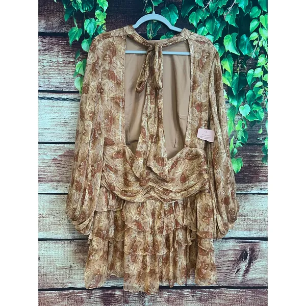 Anthropologie Ella Dress Sz 14 Floral Mini Tiered Ruffle Balloon Sleeve Gold - Image 8