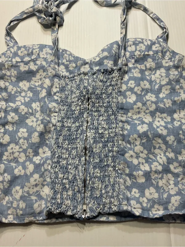 Reformation 100% Linen Jaxon Tie Strap Corset Top Women Sz 10 Blue White Boho - Image 9