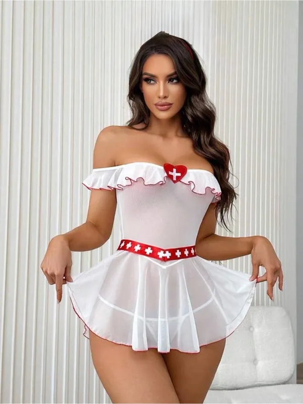 Sexy White Nurse Costume Lingerie Set Sheer Babydoll Off-Shoulder Dress S - Image 3
