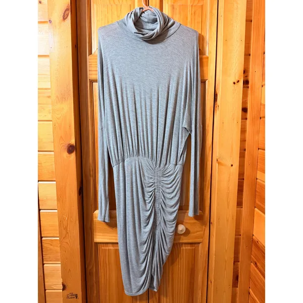Veronica Beard Medium Grey Ruched Turtleneck Dolman Midi Dress - Image 3