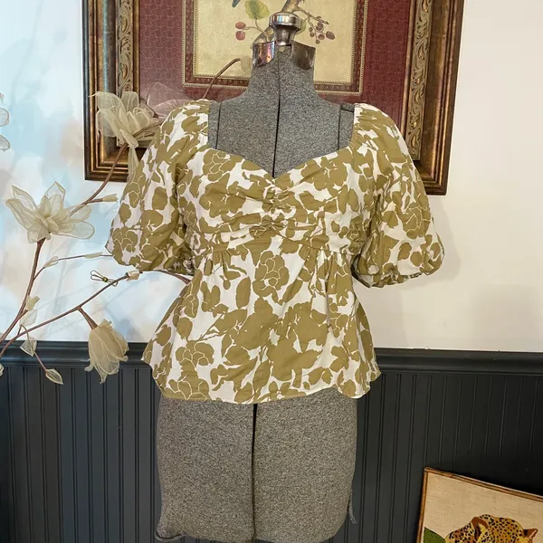 Free The Roses Cotton Floral Peplum Open Tie Back Top - Sz Med 💚🎀 - Image 5