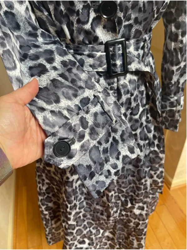 ABS Silver Label Black Grey Leopard Print Belted Trench Coat Jacket XS Statement - Image 6