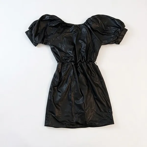 Amanda Uprichard Faux Leather Puff Sleeve Mini Dress Black Wrap V-Neck Small - Image 3