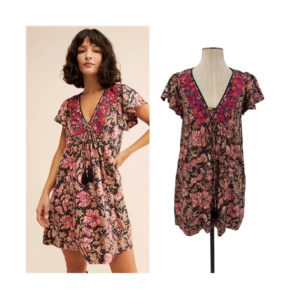 Anthropologie Floral Printed Tunic Dress Mixed Print V Neck Black Brown Size XXS - Image 2