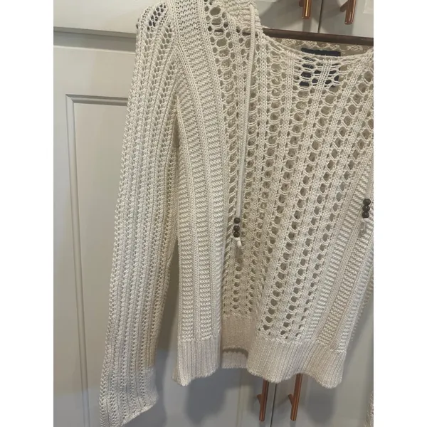 American Eagle Outfitters boho cotton Cream Crochet Hooded Sweater Knit Size S - Image 2