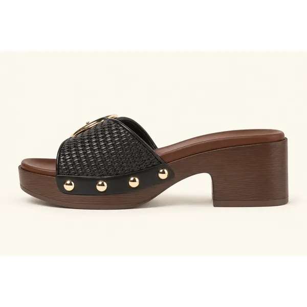 Wild Fable Zenna Black Woven Wooden Platform Sandals Studded Buckle Mules 6.5 - Image 3