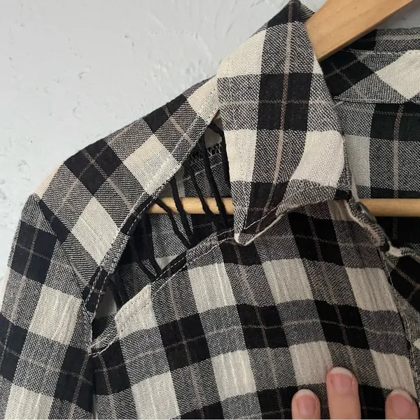 Free People Black White Checkered Gauzy Flannel Button up Top with Cutouts XS‎ - Image 3