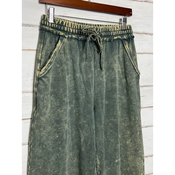 Zenana Acid Washed French Terry Palazzo Pants Small Olive Green Drawstring - Image 10