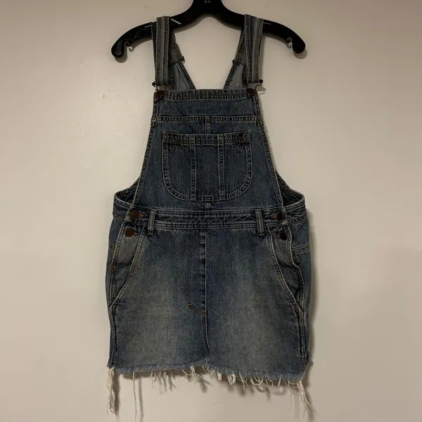 HM Trend Blue Denim Overall‎ Dress Distressed Frayed Hem Womens Size 6 Jumper - Image 4