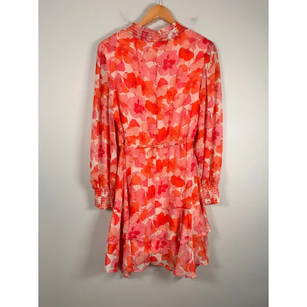 Maison Tara Floral Mini Dress Womens 12 Pink‎ Orange Ruffle Smocked Long Sleeve - Image 5