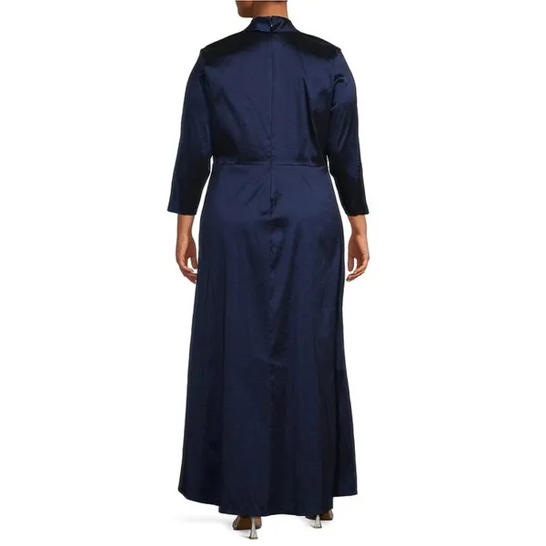 Marina Plus Size Navy Taffeta Surplice V-Neck 3/4 Sleeve Faux Wrap Dress 2X - Image 2