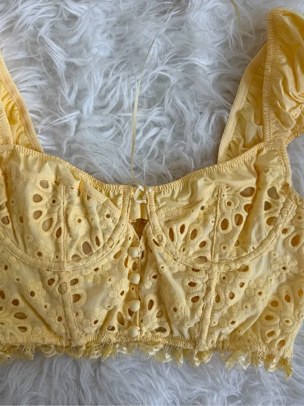 Anthropologie Puff-Sleeve Yellow Eyelet Corset Top - Image 6