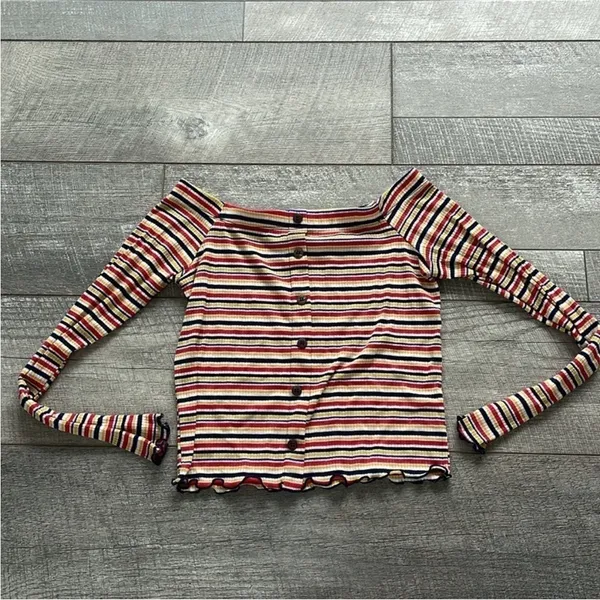 Rue21 Size Small Red and Yellow Striped Off-The-Shoulder Y2k 90s Style Top - Image 5