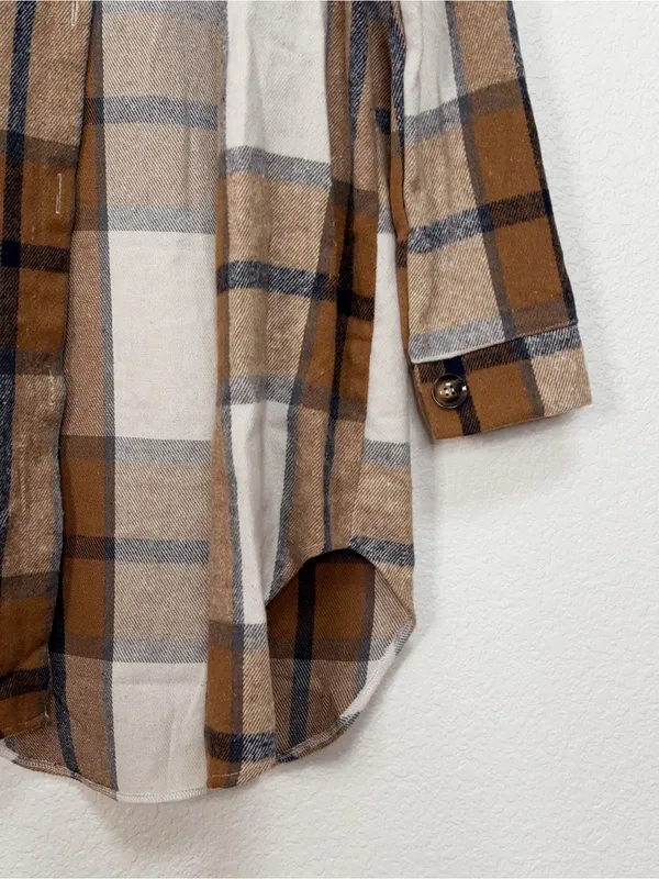 FME Camel Brown Plaid Longline Button Front High Low Shacket Jacket Size M - Image 5